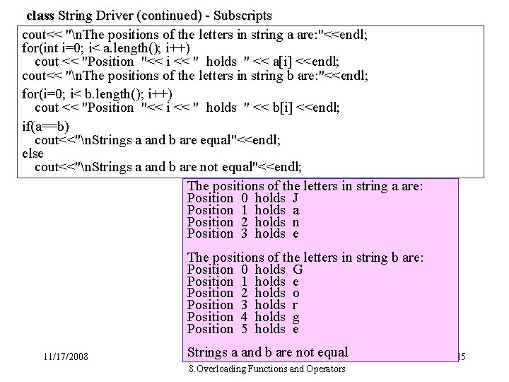 class String Driver (continued) - Subscripts cout<< "n. The positions of the letters in