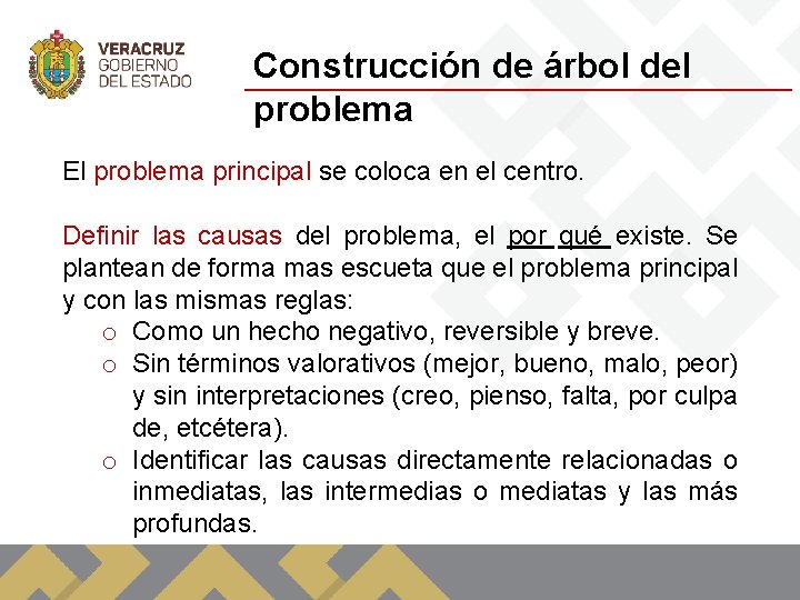 Construcción de árbol del problema El problema principal se coloca en el centro. Definir