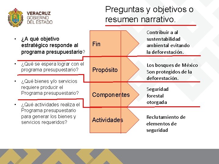 Preguntas y objetivos o resumen narrativo. • ¿A qué objetivo estratégico responde al programa