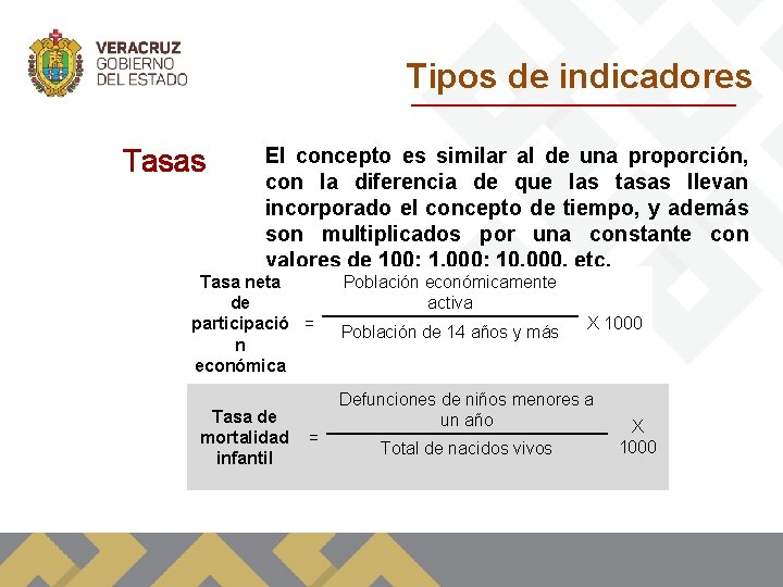 Tipos de indicadores Tasas El concepto es similar al de una proporción, con la