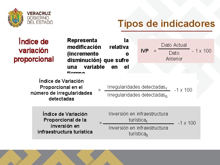 Tipos de indicadores Índice de variación proporcional Representa la modificación relativa (incremento o disminución)