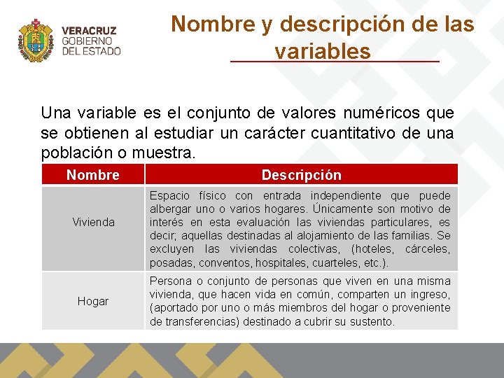 Nombre y descripción de las variables Una variable es el conjunto de valores numéricos