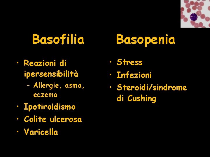 Basofilia • Reazioni di ipersensibilità – Allergie, asma, eczema • Ipotiroidismo • Colite ulcerosa