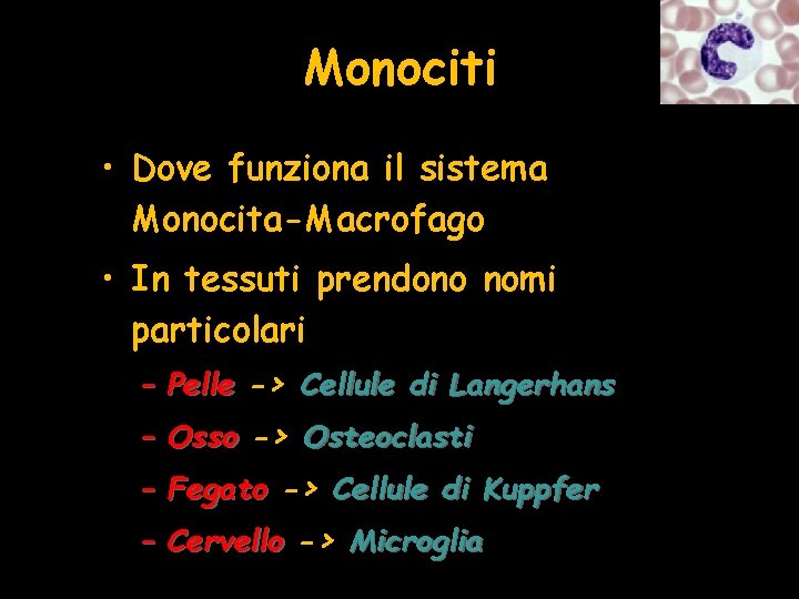 Monociti • Dove funziona il sistema Monocita-Macrofago • In tessuti prendono nomi particolari –