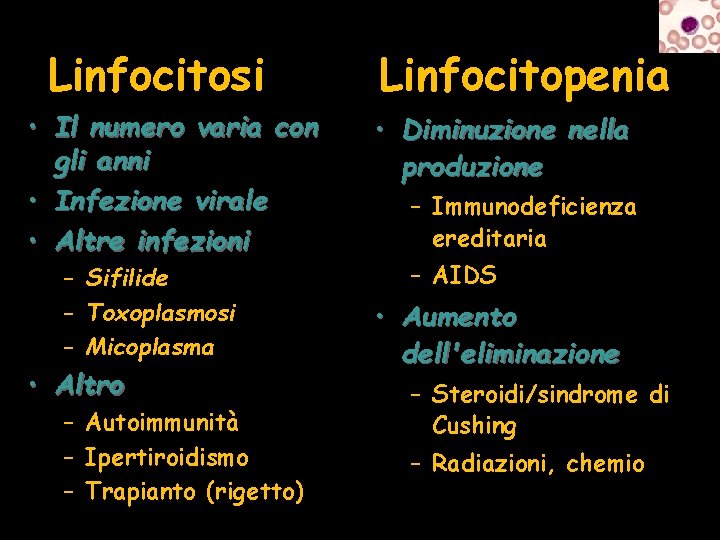 Linfocitosi • Il numero varia con gli anni • Infezione virale • Altre infezioni