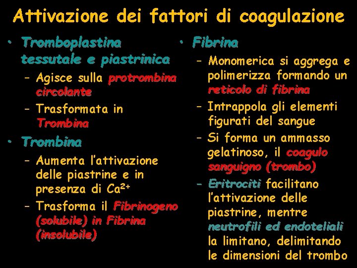 Attivazione dei fattori di coagulazione • Tromboplastina • Fibrina tessutale e piastrinica – Monomerica