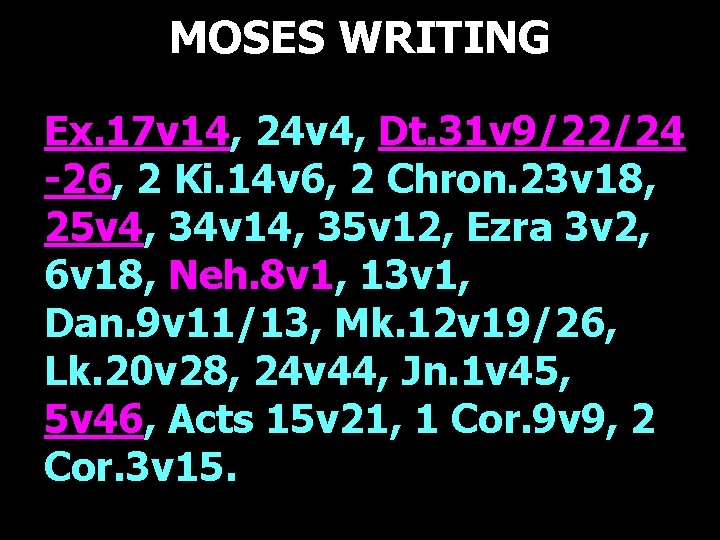 MOSES WRITING Ex. 17 v 14, 24 v 4, Dt. 31 v 9/22/24 -26, MOSES WRITING Ex. 17 v 14, 24 v 4, Dt. 31 v 9/22/24 -26,