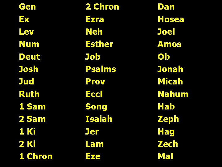 Gen Ex Lev Num Deut Josh Jud Ruth 1 Sam 2 Sam 1 Ki Gen Ex Lev Num Deut Josh Jud Ruth 1 Sam 2 Sam 1 Ki