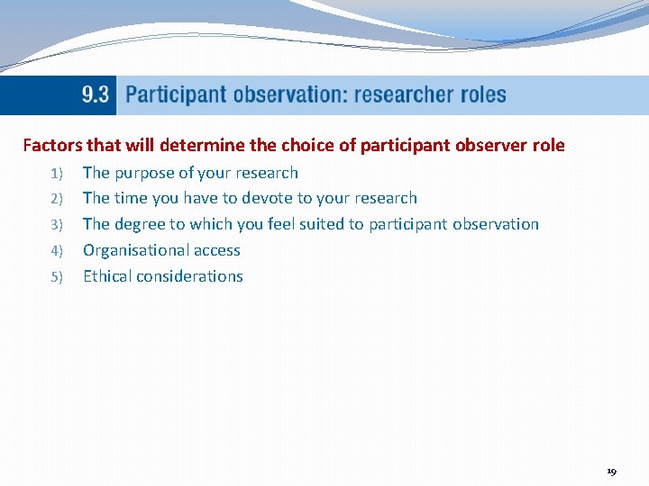 Factors that will determine the choice of participant observer role 1) 2) 3) 4)