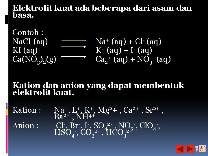 Elektrolit kuat ada beberapa dari asam dan basa. Contoh : Na. Cl (aq) KI