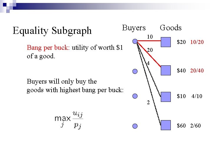 Equality Subgraph Buyers Bang per buck: utility of worth $1 of a good. Goods