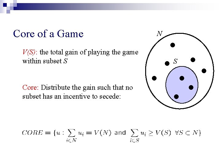 Core of a Game V(S): the total gain of playing the game within subset