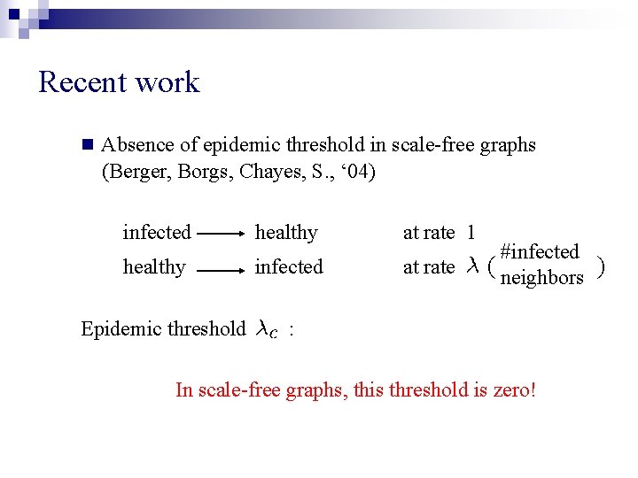 Recent work n Absence of epidemic threshold in scale-free graphs (Berger, Borgs, Chayes, S.