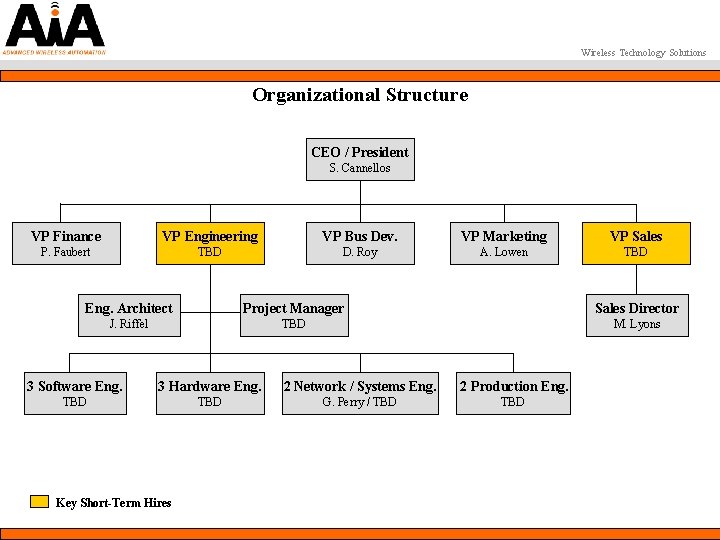 Wireless Technology Solutions Organizational Structure CEO / President S. Cannellos VP Finance VP Engineering