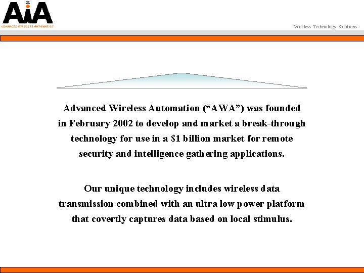 Wireless Technology Solutions Advanced Wireless Automation (“AWA”) was founded in February 2002 to develop