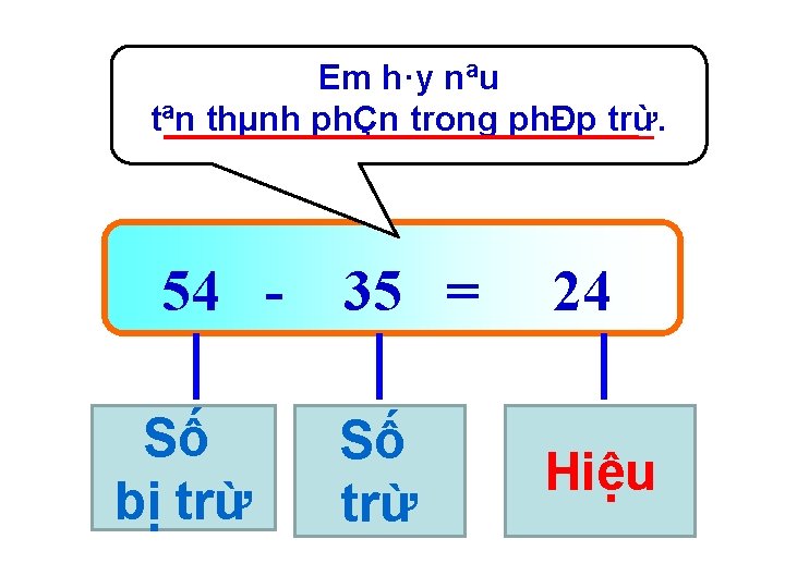 Em h·y nªu tªn thµnh phÇn trong phÐp trừ. 54 Số bị trừ 35