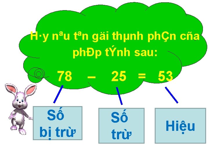 H·y nªu tªn gäi thµnh phÇn cña phÐp tÝnh sau: 78 Số bị trừ