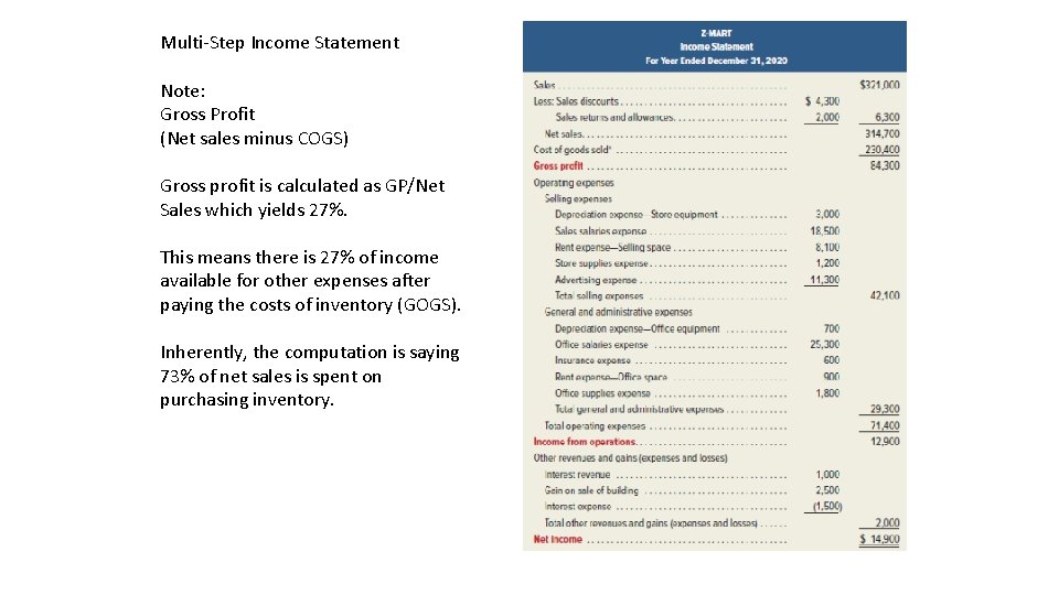 Multi-Step Income Statement Note: Gross Profit (Net sales minus COGS) Gross profit is calculated