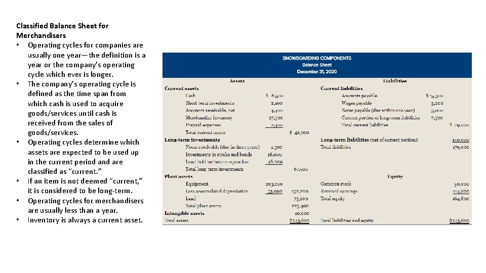 Classified Balance Sheet for Merchandisers • Operating cycles for companies are usually one year—the