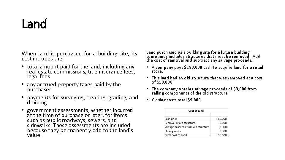 Land When land is purchased for a building site, its cost includes the •