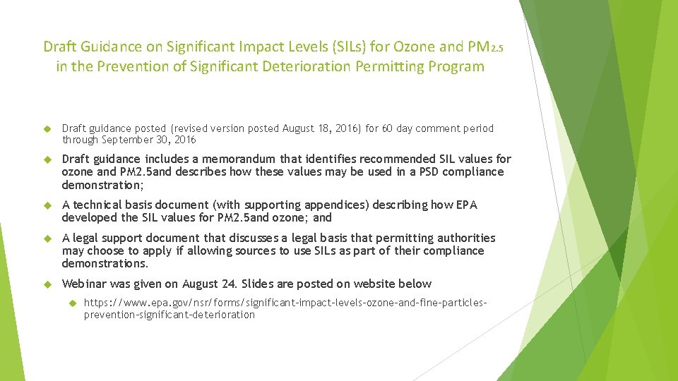 Draft Guidance on Significant Impact Levels (SILs) for Ozone and PM 2. 5 in