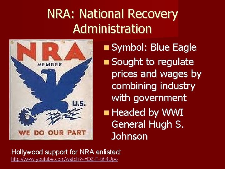 NRA: National Recovery Administration Symbol: Blue Eagle Sought to regulate prices and wages by