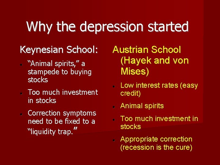 Why the depression started Keynesian School: “Animal spirits, ” a stampede to buying stocks