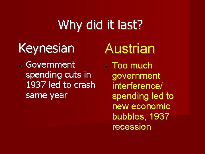 Why did it last? Keynesian Government spending cuts in 1937 led to crash same