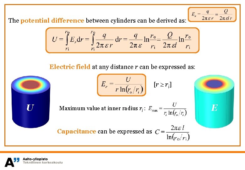 The potential difference between cylinders can be derived as: Electric field at any distance