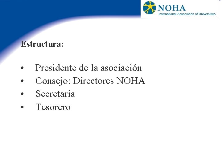 Estructura: • • Presidente de la asociación Consejo: Directores NOHA Secretaria Tesorero 