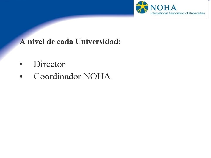 A nivel de cada Universidad: • • Director Coordinador NOHA 