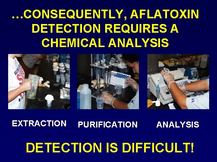 …CONSEQUENTLY, AFLATOXIN DETECTION REQUIRES A CHEMICAL ANALYSIS EXTRACTION PURIFICATION ANALYSIS DETECTION IS DIFFICULT! 