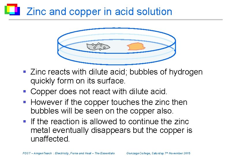 Zinc and copper in acid solution § Zinc reacts with dilute acid; bubbles of