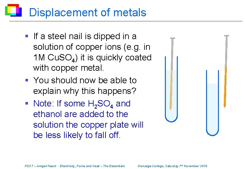 Displacement of metals § If a steel nail is dipped in a solution of
