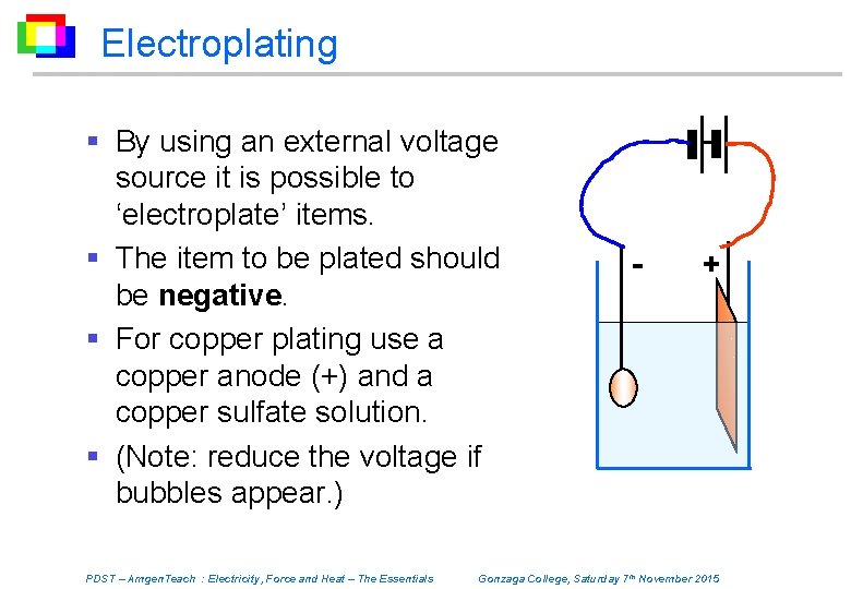 Electroplating § By using an external voltage source it is possible to ‘electroplate’ items.