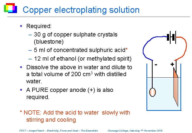 Copper electroplating solution § Required: – 30 g of copper sulphate crystals (bluestone) –