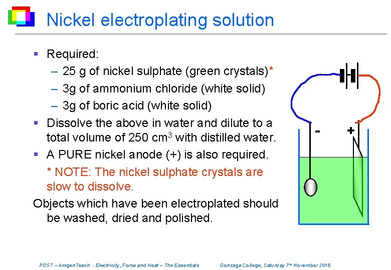 Nickel electroplating solution § Required: – 25 g of nickel sulphate (green crystals)* –