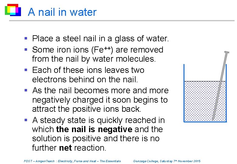 A nail in water § Place a steel nail in a glass of water.