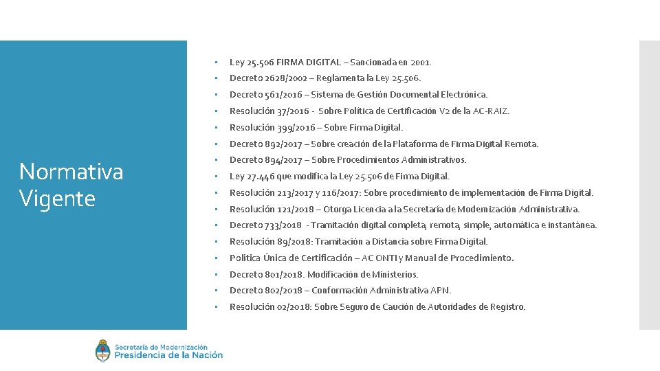 Normativa Vigente • Ley 25. 506 FIRMA DIGITAL – Sancionada en 2001. • Decreto