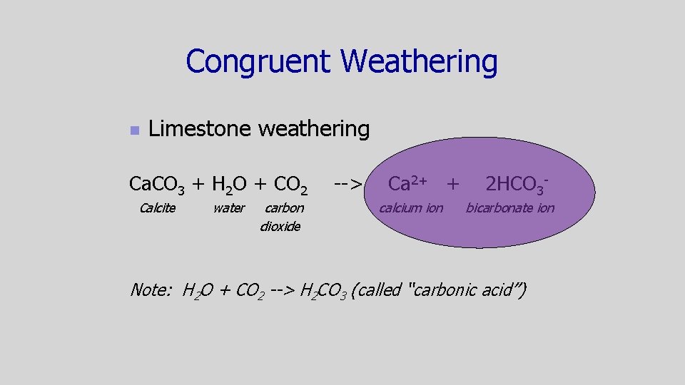 Congruent Weathering n Limestone weathering Ca. CO 3 + H 2 O + CO Congruent Weathering n Limestone weathering Ca. CO 3 + H 2 O + CO