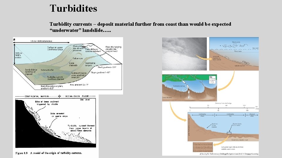 Turbidites Turbidity currents – deposit material further from coast than would be expected “underwater” Turbidites Turbidity currents – deposit material further from coast than would be expected “underwater”