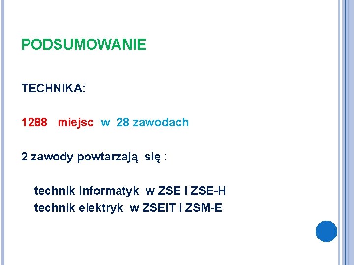 PODSUMOWANIE TECHNIKA: 1288 miejsc w 28 zawodach 2 zawody powtarzają się : technik informatyk