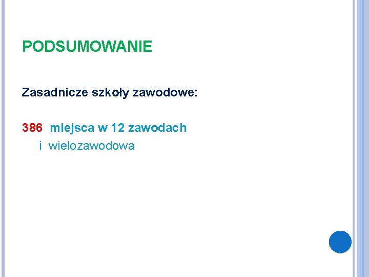 PODSUMOWANIE Zasadnicze szkoły zawodowe: 386 miejsca w 12 zawodach i wielozawodowa 