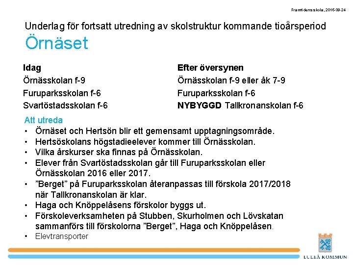 Framtidens skola, 2015 -09 -24 Underlag för fortsatt utredning av skolstruktur kommande tioårsperiod Örnäset
