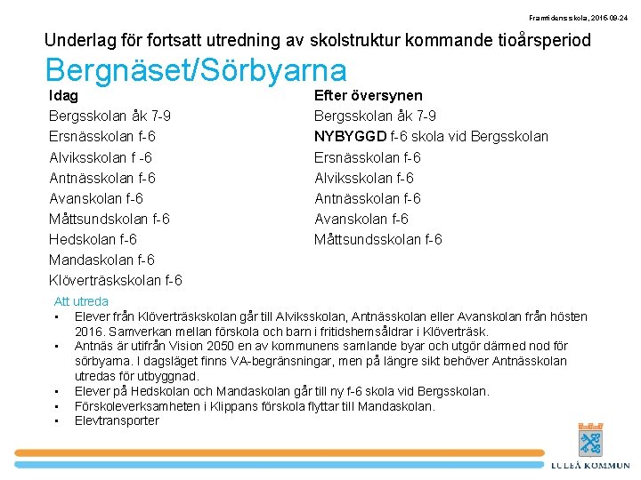 Framtidens skola, 2015 -09 -24 Underlag för fortsatt utredning av skolstruktur kommande tioårsperiod Bergnäset/Sörbyarna