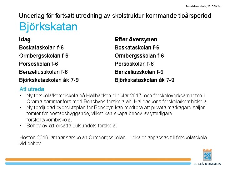 Framtidens skola, 2015 -09 -24 Underlag för fortsatt utredning av skolstruktur kommande tioårsperiod Björkskatan