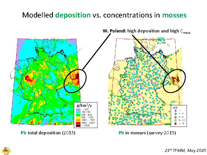 Modelled deposition vs. concentrations in mosses W. Poland: high deposition and high Cmoss g/km