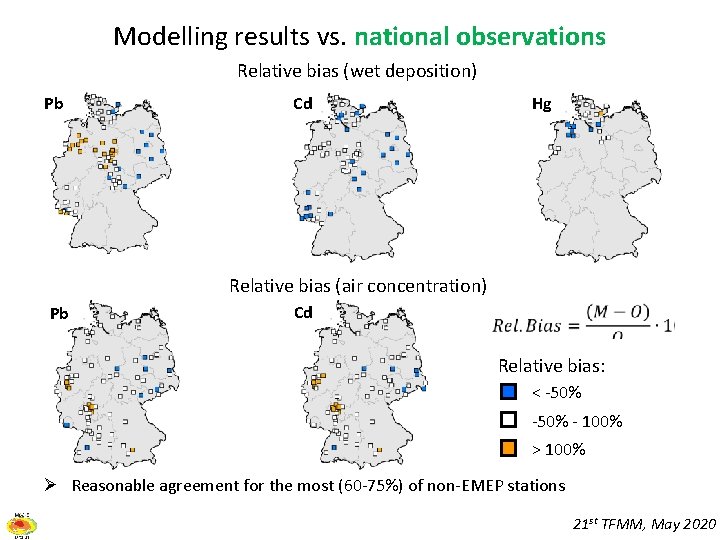 Modelling results vs. national observations Relative bias (wet deposition) Pb Cd Hg Relative bias