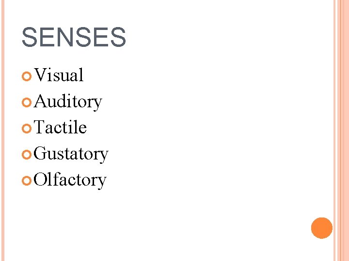 SENSES Visual Auditory Tactile Gustatory Olfactory 