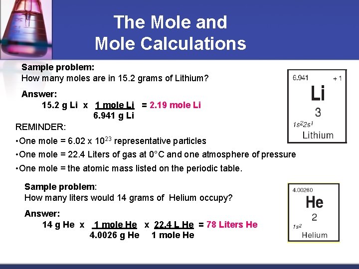 The Mole and Mole Calculations Sample problem: How many moles are in 15. 2